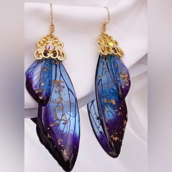 “Butterfly Wings” Ornate Gold Cap Blue Layer Gold Flake Fleck Translucent Dangle - Picture 3 of 5